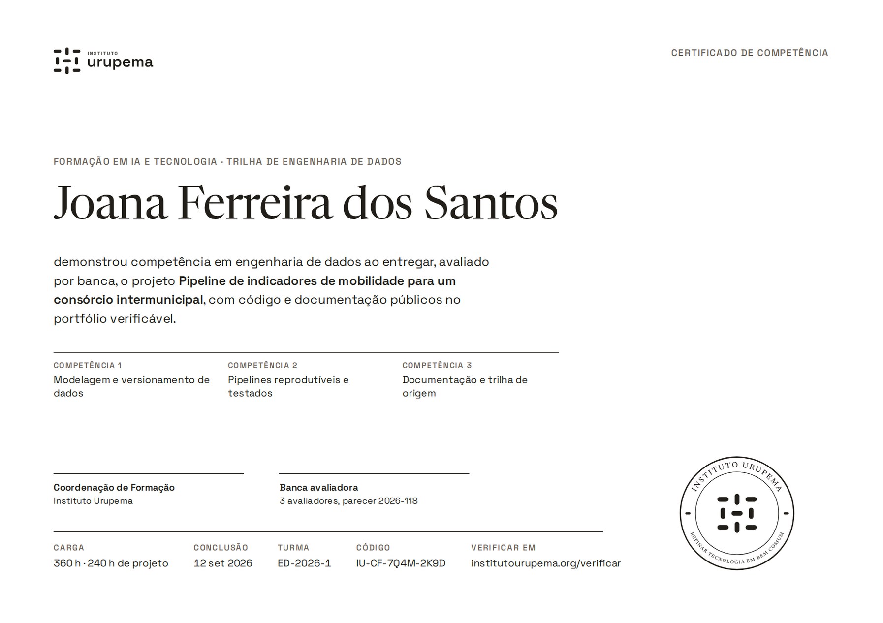 Certificado de competência com carimbo e código de verificação